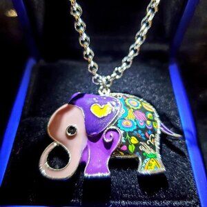 Handpainted Enamel Elephant, Necklace - Purple Ear